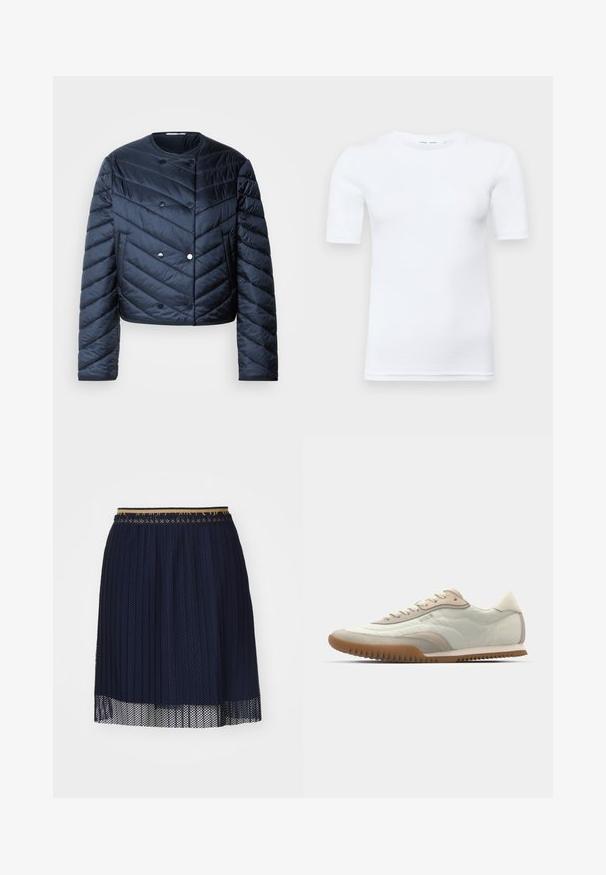 Marineblå pufferjakke med cropped design, chevron quiltning, dobbeltknaplukning og sidelommer. Glat, shiny overflade.; Hvid kortærmet t-shirt lavet af bomuld. Har en rund halsudskæring og en glat overflade, med minimal syning synlig ved kanten.; Marineblå plisseret nederdel med et struktureret mesh-stof, der har en kontrastfarvet talje og en gennemsigtig nederste kant.; Hvide og beige sneakers med en glat overdel og suede detaljer, en tekstureret sål og tonet syninger. Snørelukning med logo detalje.