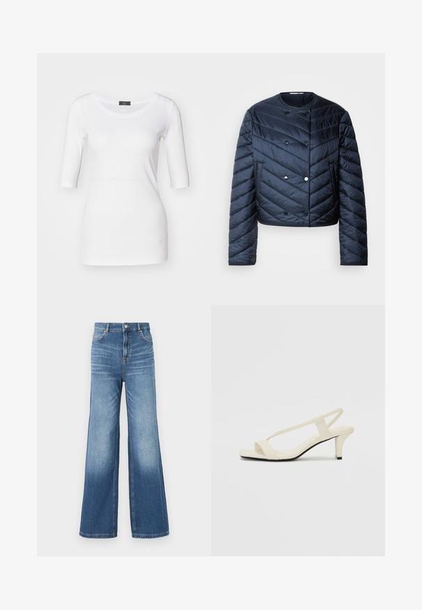 Navy blue puffer jacket featuring a cropped design, chevron quilting, double-breasted buttons, and side pockets. Smooth, shiny texture.; White fitted t-shirt with three-quarter sleeves, soft texture, round neckline, and a side accent detail near the hem.; Light blue denim wide-leg jeans with a high waistband, featuring five pockets, belt loops, and a subtle fade effect towards the hem.; Beige block-heeled sandals with thin straps and a square toe. Smooth material with minimal detailing, designed for easy wear.