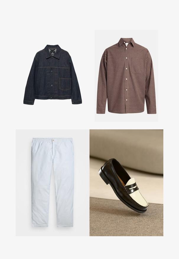 Temno modra denim jakna z dolgimi rokavi, sprednjim zapiranjem na gumbe, ovratnikom in enim velikim žepom na levi strani.; Rjava karirana srajca s dolgimi rokavi, ki ima žep na prsih in bele gumbe na teksturirani tkanini.; Svetlo modre prugaste hlače so izdelane iz lahkotnega materiala. Imajo elastičen pas z gumbom in ravne hlačnice.; Črne usnjene loafersice s kremasto barvo na zgornjem delu in črnimi akcentnimi črtami, ki imajo nizko peto in podrobno šivanje ob robovih.