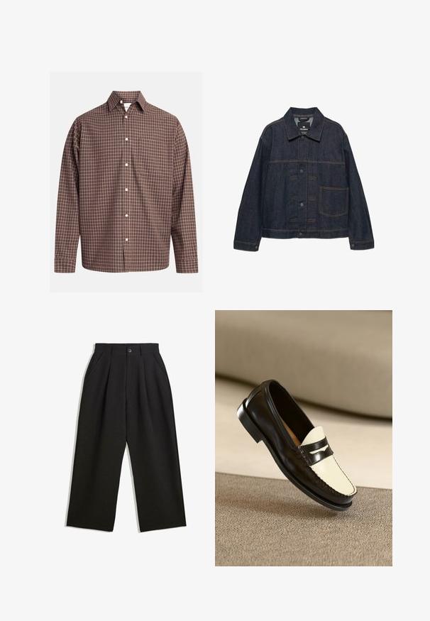 Giacca in denim blu scuro con maniche lunghe, chiusura frontale con bottoni, colletto e una grande tasca sul lato sinistro.; Camicia a quadri marroni con maniche lunghe, dotata di taschino sul petto e bottoni bianchi su un tessuto testurizzato.; Pantaloni neri con una vestibilità comoda, caratterizzati da pieghe frontali, tasche laterali e chiusura con bottone. Realizzati in tessuto testurizzato.; Mocassino in pelle nera con tomaia color crema e strisce nere in rilievo, caratterizzato da un tacco basso e dettagli di cucitura lungo i bordi.