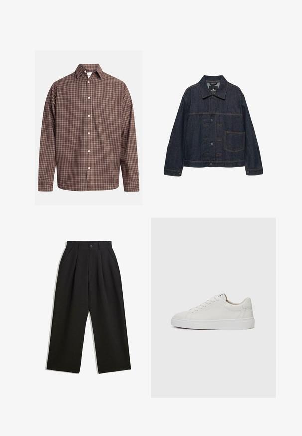 Tummansinisestä denimistä valmistettu takki, jossa on pitkät hihat, edessä nappisulku, kaulus ja yksi suuri tasku vasemmalla puolella.; Ruutupaitainen ruskea nappikauluspaita pitkillä hihoilla, jossa on rintatasku ja valkoiset napit teksturoidussa kankaassa.; Musta housut rentoa istuvuutta, joissa on laskoksia edessä, sivutaskut ja nappisuljenta. Valmistettu teksturoidusta kankaasta.; Valkoiset nahkaiset matalakärkiset lenkkarit, joissa on pyöreä kärki, litteä valkoinen kumipohja ja minimalistinen ommel yksityiskohtana. Nauhat on kiinnitetty kuuden silmukan läpi.