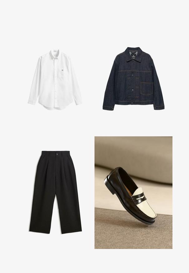 Dark blue denim jacket with long sleeves, front button closure, a collar, and one large pocket on the left side.; White button-up shirt, long sleeves, soft cotton fabric, curved hem, single chest pocket, small logo on pocket, standard collar design.; Black trousers with a relaxed fit, featuring pleats at the front, side pockets, and a button closure. Made from textured fabric.; Black leather loafer with a cream-colored vamp and black accent stripes, featuring a low heel and detailed stitching along the edges.