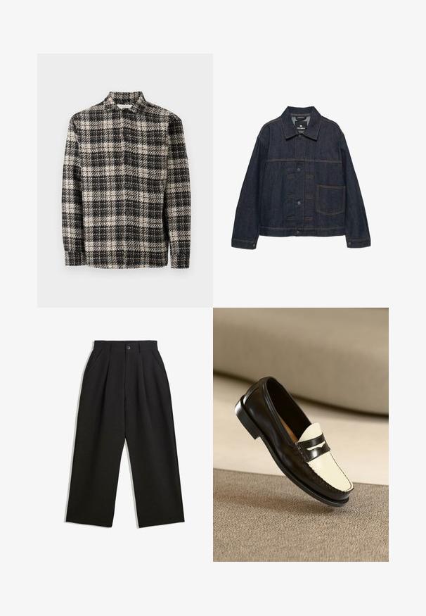 Sötétkék farmerdzseki hosszú ujjakkal, elöl gombos záródással, gallérral és egy nagy zsebbel a bal oldalon.; Fekete-fehér, texturált kockás gombos dzseki hosszú ujjakkal és gallérral, síkban elhelyezve, egyszerű fehér háttér előtt.; Fekete, lazán szabott nadrág, elöl redőkkel, oldalsó zsebekkel és gombzárral. Texturált anyagból készült.; Fekete bőr loafert tartalmaz, krémszínű felsőrésszel és fekete díszcsíkokkal, alacsony sarkú, és részletes varratokkal az éleken.