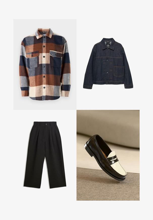 Jachetă din denim de un albastru închis, cu mâneci lungi, închidere frontală cu nasturi, guler și un buzunar mare pe partea stângă.; Cămașă flanelată în carouri, cu nuanțe de maro, albastru marin și crem. Prezintă un sistem de închidere cu nasturi, două buzunare la piept și un guler răspândit. Textură moale.; Pantaloni negri cu o croială lejeră, având pliuri în față, buzunare laterale și închidere cu buton. Fabricat dintr-un material texturat.; Mocasini din piele neagră cu un vamp de culoare crem și dungi negre de accent, având un toc jos și cusături detaliate de-a lungul marginilor.