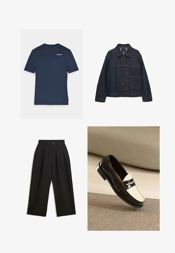 Donkerblauwe denimjack met lange mouwen, voorknopsluiting, een kraag en één grote zak aan de linkerkant.; Navyblauw katoen t-shirt met korte mouwen. Heeft een klein wit geborduurd logo op de linker borst. Ronde halslijn.; Zwarte broeken met een relaxte pasvorm, voorzien van plooien aan de voorzijde, zijzakken en een knoopsluiting. Gemaakt van textiel met structuur.; Zwarte leren instapper met een crèmekleurige bovenkant en zwarte accentstrepen, kenmerkend door een lage hak en gedetailleerde stiksels langs de randen.