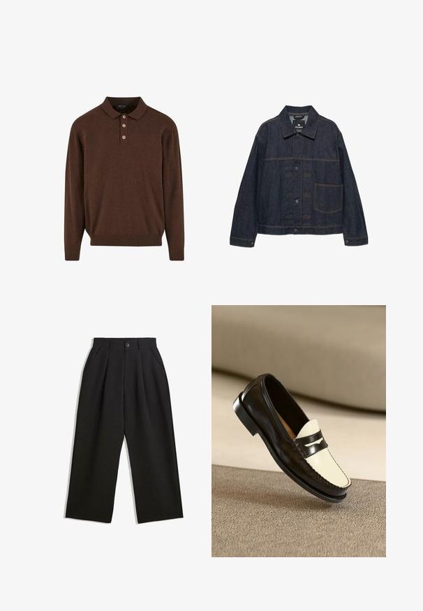 Dunkelblaue Jeansjacke mit langen Ärmeln, Frontknopfverschluss, Kragen und einer großen Tasche auf der linken Seite.; Braunes langärmeliges Poloshirt mit einem gerippten Saum und Bündchen, ausgestattet mit einer Drei-Knopf-Leiste und einem entspannten Schnitt.; Schwarze Hose mit lockerem Schnitt, mit Falten an der Vorderseite, Seitentaschen und einem Knopfverschluss. Hergestellt aus strukturiertem Stoff.; Schwarze Lederloafer mit einem cremefarbenen Schaft und schwarzen Akzentstreifen, ausgestattet mit einem niedrigen Absatz und detaillierter Naht entlang der Kanten.