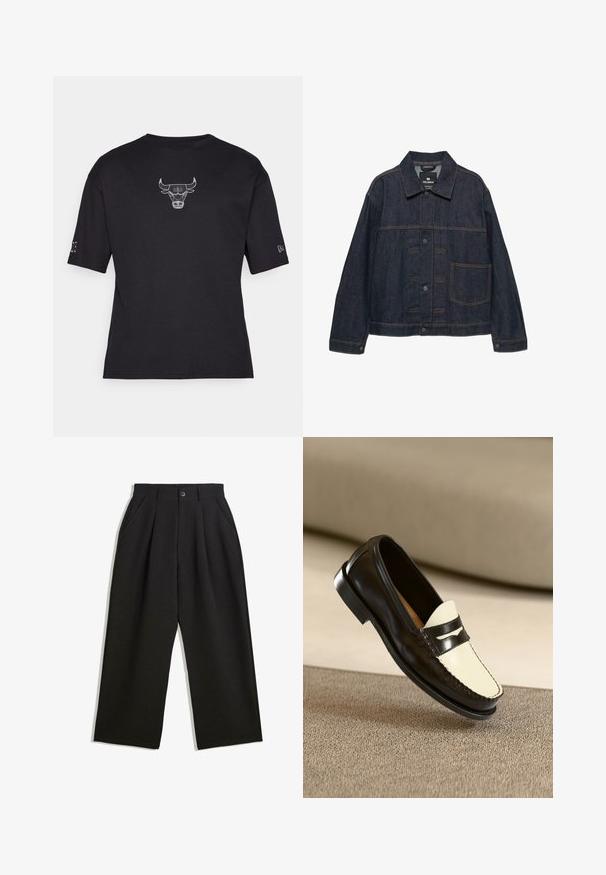 Temno modra denim jakna z dolgimi rokavi, sprednjim zapiranjem na gumbe, ovratnikom in enim velikim žepom na levi strani.; Črna majica s kratkimi rokavi z rebrasto teksturo, ki ima izvezen logotip bika v beli barvi na prsih in majhen detajl na rokavu.; Črne hlače z sproščenim krojem, z naborki spredaj, stranskimi žepi in gumbom za zapiranje. Narejene so iz strukturirane tkanine.; Črne usnjene loafersice s kremasto barvo na zgornjem delu in črnimi akcentnimi črtami, ki imajo nizko peto in podrobno šivanje ob robovih.