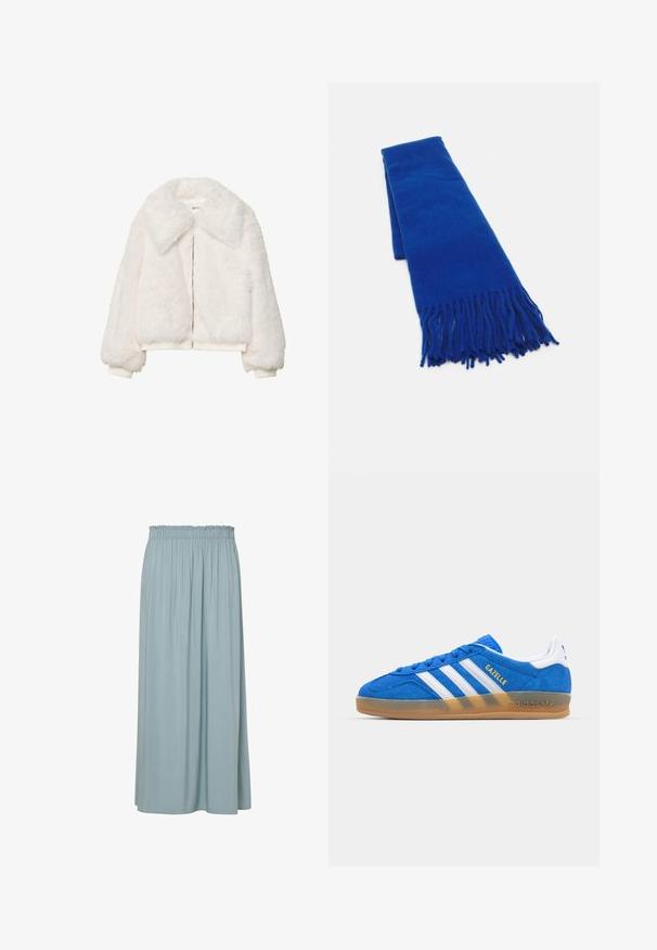 Giacca bomber in pelliccia sintetica bianca con colletto ampio, chiusura con zip e polsini a costine. Texture morbida con una silhouette cropped.; Camicia a righe blu chiaro e bianca con colletto, chiusura con bottoni e maniche lunghe. Il tessuto appare liscio e leggero.; Maxi gonna azzurro chiaro con una cintura elastica arricciata, realizzata in tessuto morbido, caratterizzata da pieghe verticali per una maggiore texture e fluidità.; Sneaker in suede blu con strisce bianche e testo "Gazelle". Presenta suola in gomma e accenti testurizzati sulla parte superiore. Design classico.; Sciarpa blu intrecciata con estremità frangiate, texture liscia, forma rettangolare e colore uniforme su tutta la superficie. Adatta per il freddo.; Borsa hobo nera in pelle con una superficie liscia, forma curvata e una singola tracolla regolabile; presenta un'ampia apertura nella parte superiore.
