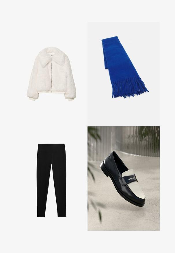 Weiße Kunstfell-Bomberjacke mit breitem Kragen, Reißverschluss und gerippten Bündchen. Weiche Textur mit einer kurzen Silhouette.; Hellblau- und weißgestreiftes Hemd mit Kragen, Knopfleiste und langen Ärmeln. Der Stoff scheint glatt und leicht zu sein.; Schwarze Leggings aus dehnbarem Stoff mit hoher Taille und einem glatten, nahtlosen Design, geeignet für verschiedene Aktivitäten.; Schwarzer und weißer Lederloafer mit dekorativem Stich, schwebend über einem Betonboden mit verschwommenen Pflanzen im Hintergrund.; Blauer gewebter Schal mit fransigen Enden, glatter Textur, rechteckiger Form und einheitlicher Farbe. Geeignet für kaltes Wetter.; Schwarze Leder-Hobo-Tasche mit einer glatten Textur, geschwungener Form und einem einzelnen verstellbaren Tragegurt; verfügt über eine weite Öffnung am oberen Ende.
