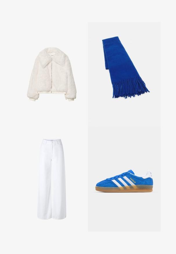 White faux fur bomber jacket with a wide collar, zip closure, and ribbed cuffs. Soft texture with a cropped silhouette.; Light blue and white striped shirt with a collar, button closure, and long sleeves. The fabric appears smooth and lightweight.; Wide-leg white jeans made from denim, featuring a high waist, front pockets, and a classic five-pocket design with a zip fly.; Blue suede sneaker with white stripes and “Gazelle” text. Features gum rubber sole and textured accents on the upper. Classic design.; Blue woven scarf with fringed ends, smooth texture, rectangular shape, and uniform color throughout. Suitable for cold weather.; Black leather hobo bag with a smooth texture, curved shape, and single adjustable strap; features a wide opening at the top.