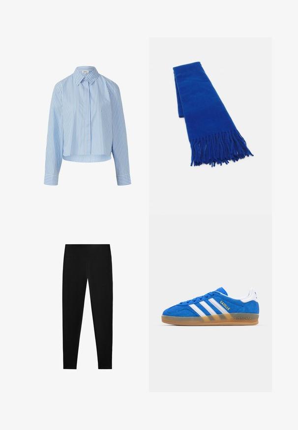 Bela jakna od umjetnog krzna s širokim ovratnikom, zatvaranjem na zip i rebrastim manžetama. Mekana tekstura s skraćenim siluetom.; Svijetloplava i bijela prugasta košulja s ovratnikom, zatvaranjem na gumbe i dugim rukavima. Tkanina izgleda glatko i lagano.; Crne tajice izrađene od rastezljivog materijala, s visokim strukom i glatkim, bezšavnim dizajnom, prikladne za razne aktivnosti.; Plave nubuk patike s bijelim prugama i natpisom "Gazelle". Imaju gumeni potplat i teksturirane detalje na gornjem dijelu. Klasičan dizajn.; Plavi tkanani šal s resama na krajevima, glatke teksture, pravokutnog oblika i ujednačene boje. Pogodan za hladno vrijeme.; Crna kožna hobo torba s glatkom teksturom, zakrivljenim oblikom i jednom podesivom trakicom; ima širok otvor na vrhu.