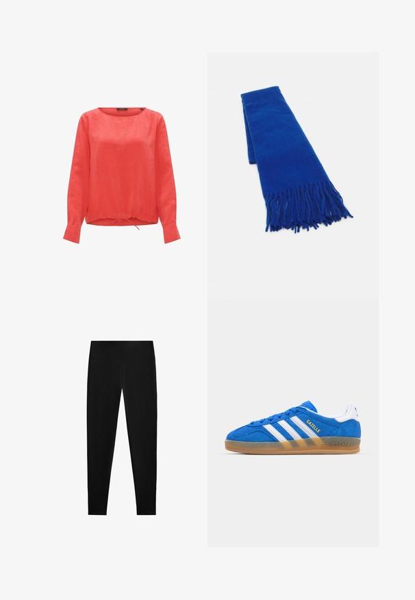 Weiße Kunstfell-Bomberjacke mit breitem Kragen, Reißverschluss und gerippten Bündchen. Weiche Textur mit einer kurzen Silhouette.; Rote Leinenbluse mit rundem Ausschnitt, langen Ärmeln und einem gerafften Tunnelzugsaum. Glatte Textur ohne sichtbare Muster oder Akzente.; Schwarze Leggings aus dehnbarem Stoff mit hoher Taille und einem glatten, nahtlosen Design, geeignet für verschiedene Aktivitäten.; Blaue Wildleder-Sneaker mit weißen Streifen und "Gazelle"-Text. Verfügt über eine Sohlen aus Gummi und strukturierte Akzente im Obermaterial. Klassisches Design.; Blauer gewebter Schal mit fransigen Enden, glatter Textur, rechteckiger Form und einheitlicher Farbe. Geeignet für kaltes Wetter.