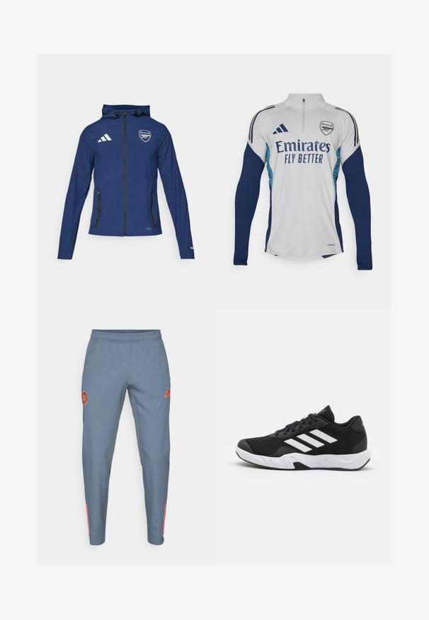 Marine vanntett jakke med frontglidelås, hette, Adidas-logo, Arsenal-crest og svarte glidelåslommer. Lett stoff med glatt tekstur.; Hvit langermet jersey med marineblå detaljer, halv-glidelås på halsen, med "Emirates Fly Better" logo og Arsenal klubbmerke.; Lyseblå treningbukser med elastisk midje, med en oransje logo og tre oransje striper ned langs den ytre benet.; Sorte joggesko med teksturert mesh-overdel, hvite aksentstriper, en polstret såle og en forsterket hæl for støtte.