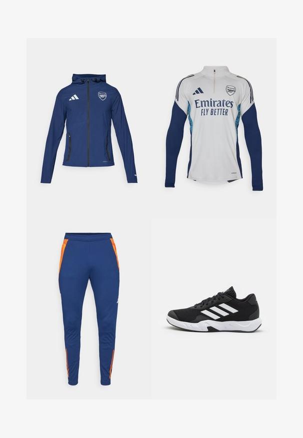 Marineblauwe waterdichte jas met een voorrits, capuchon, Adidas-logo, Arsenal-embleem en zwart ritszakken. Lichtgewicht stof, gladde textuur.; Witte lange mouwen trui met marineblauwe accenten, half-rits halslijn, voorzien van het logo "Emirates Fly Better" en het clubembleem van Arsenal.; Marineblauwe sportbroek met oranje zijdetails, tapered fit, elastische tailleband en een gladde textuur. Inclusief subtiele merkvermelding op het been.; Zwarte sportieve schoenen met een geperforeerde mesh bovenkant, witte accentstrepen, een gevoerde zool en een versterkte hiel voor extra ondersteuning.