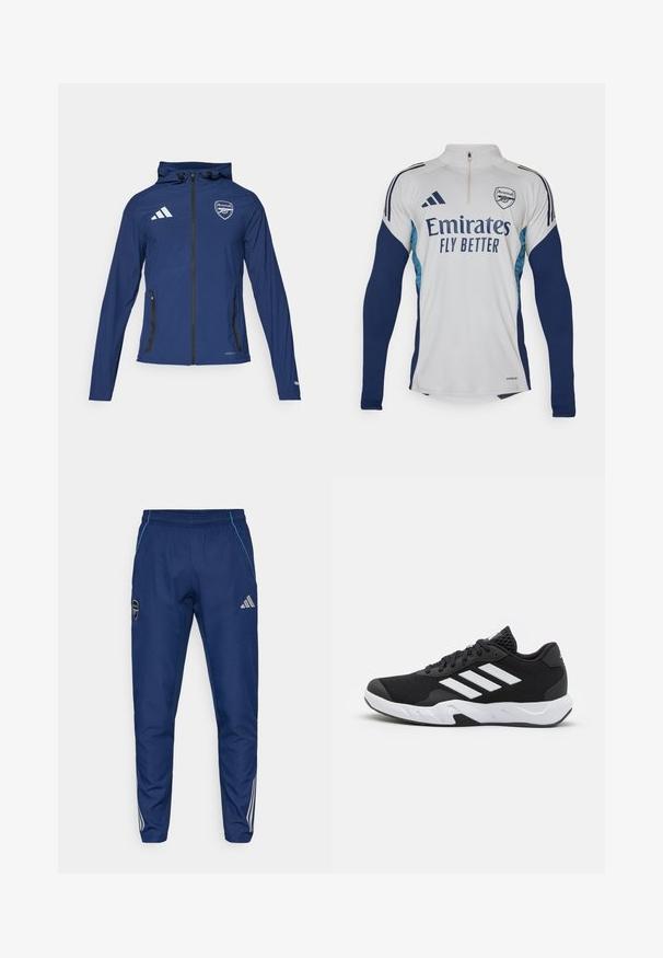 Marine vanntett jakke med frontglidelås, hette, Adidas-logo, Arsenal-crest og svarte glidelåslommer. Lett stoff med glatt tekstur.; Hvit langermet jersey med marineblå detaljer, halv-glidelås på halsen, med "Emirates Fly Better" logo og Arsenal klubbmerke.; Marine joggebukser laget av lett stoff, med blå aksent, logo-lapp og tre hvite striper langs underbena.; Sorte joggesko med teksturert mesh-overdel, hvite aksentstriper, en polstret såle og en forsterket hæl for støtte.