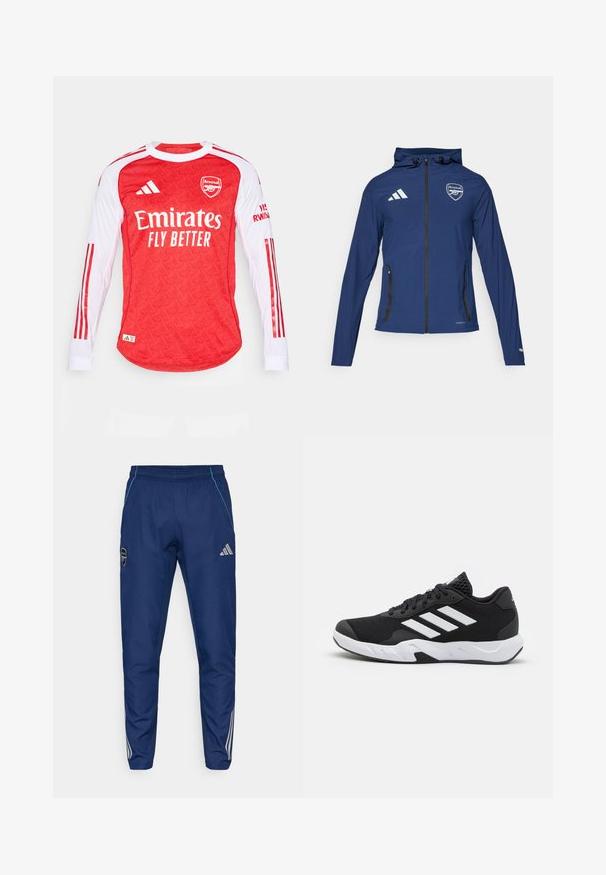 Marine vanntett jakke med frontglidelås, hette, Adidas-logo, Arsenal-crest og svarte glidelåslommer. Lett stoff med glatt tekstur.; Rød langermet trøye med mønstrete tekstur, hvite ermer og røde striper. Har Arsenal-logoet og teksten "Emirates Fly Better".; Marine joggebukser laget av lett stoff, med blå aksent, logo-lapp og tre hvite striper langs underbena.; Sorte joggesko med teksturert mesh-overdel, hvite aksentstriper, en polstret såle og en forsterket hæl for støtte.
