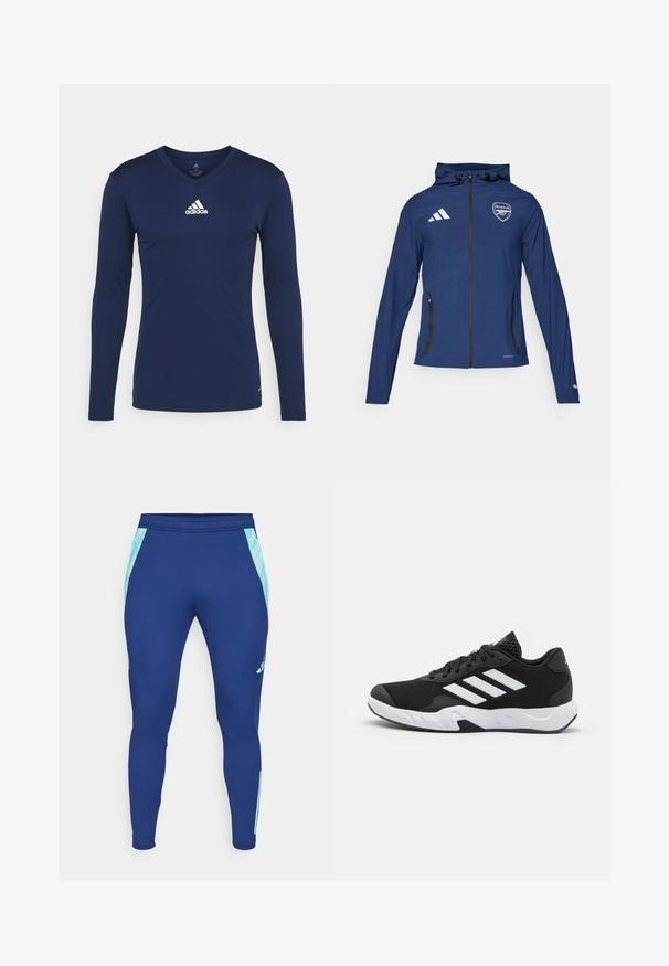 Marineblau wetterfeste Jacke mit Frontreißverschluss, Kapuze, Adidas-Logo, Arsenal-Wappen und schwarzen Reißverschlusstaschen. Leichter Stoff, glatte Textur.; Navy langärmliges Sporthemd aus strukturiertem Stoff mit V-Ausschnitt und weißem Adidas-Logo auf der Brust. Schlichtes Design, taillierte Form.; Marineblaue Sportleggings aus dehnbarem Material, mit hellblauen Seitenpanelen und einer taillierten Passform sowie einem schmalen Bündchen am Knöchel.; Schwarze Sportschuhe mit einem strukturierten Mesh-Obermaterial, weißen Akzentstreifen, einer gepolsterten Sohle und einer verstärkten Ferse für Unterstützung.