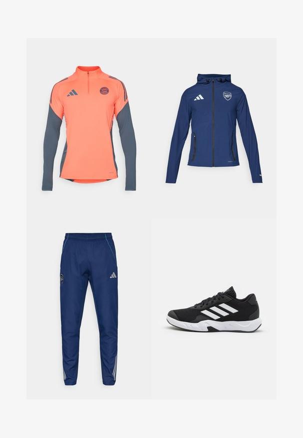 Marineblau wetterfeste Jacke mit Frontreißverschluss, Kapuze, Adidas-Logo, Arsenal-Wappen und schwarzen Reißverschlusstaschen. Leichter Stoff, glatte Textur.; Oranges Sporthemd mit langen grauen Ärmeln, Halb-Reißverschluss-Ausschnitt, Adidas-Logos und dem Emblem des FC Bayern München auf der Brust. Glatte Stoffoberfläche, modernes Design.; Marineblaue Jogginghosen aus leichtem Material, mit blauen Akzenten, Logo-Patch und drei weißen Streifen entlang der Unterschenkel.; Schwarze Sportschuhe mit einem strukturierten Mesh-Obermaterial, weißen Akzentstreifen, einer gepolsterten Sohle und einer verstärkten Ferse für Unterstützung.