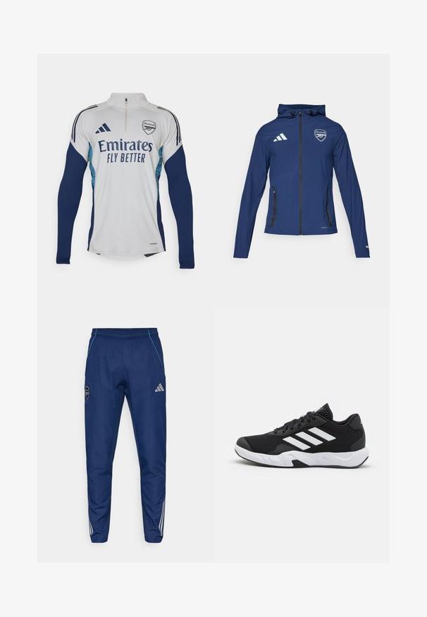 Mornarska vodootporna jakna s prednjim zatvaračem, kapuljačom, Adidas logotipom, Arsenal grbom i crnim zatvaračima na džepovima. Lagana tkanina, glatka tekstura.; Bijela dukserica dugih rukava s tamnoplavim detaljima, s polu-zip izrezom, koja sadrži logo "Emirates Fly Better" i grb nogometnog kluba Arsenal.; Mornarske trenirke izrađene od lagane tkanine, s plavim detaljem, logotipom i tri bijele pruge duž donjeg dijela nogu.; Crne atletske cipele s teksturiranim mrežastim gornjim dijelom, bijelim naglasnim trakama, podstavljenim potplatom i ojačanim petom za podršku.