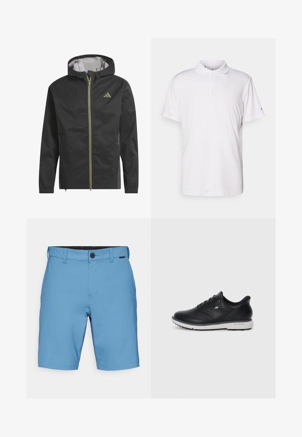 Chaqueta ligera negra con capucha, cremallera frontal y puños elásticos. Presenta sutiles acentos verdes y un pequeño logo en el pecho.; Polo blanco hecho de algodón suave, con un cuello clásico, una tapeta de tres botones y mangas cortas. Logo de la marca sutil en la manga.; Pantalones cortos azul claro hechos de tejido texturizado, con cierre de botón, presillas para cinturón y bolsillos laterales. Diseño casual, corte a la altura de la rodilla.; Zapatilla Skechers negra de cuero con cordones y suela blanca, logo lateral y textura antideslizante en la suela sobre un fondo claro liso.
