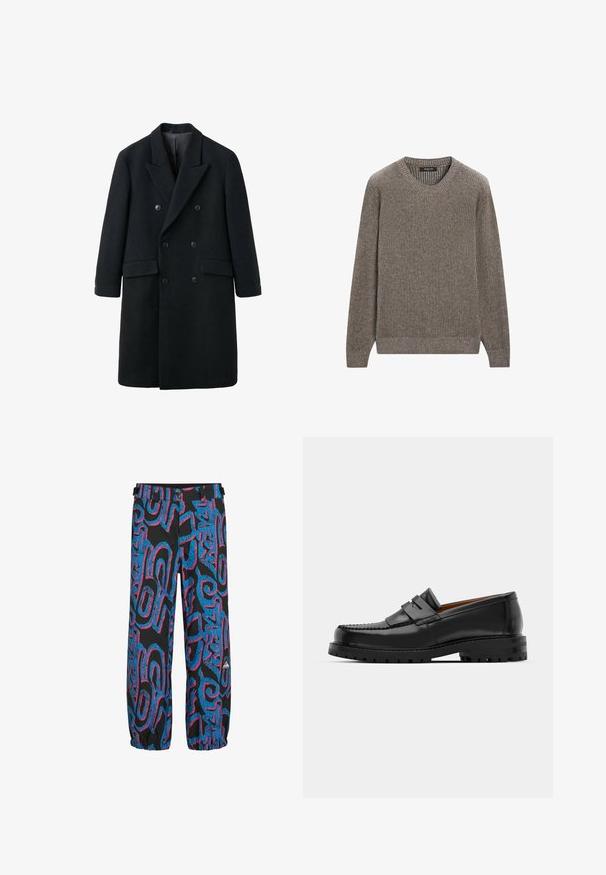 Schwarzer doppelt geknöpfter Mantel aus Wolle mit Reverskragen, seitlichen Taschen und zwei Knöpfen auf jeder Seite. Glatte Textur, knielanges Design.; Brauner gerippter Strickpullover mit Rundhalsauschnitt und langen Ärmeln, aus einem strukturierten Stoff mit eng anliegenden Bündchen und Saum. Einfaches Design.; Schwarzes, geripptes Tanktop mit rundem Halsausschnitt und weiten Armausschnitten, aus einem weichen, dehnbaren Stoff. Marke: Pull&Bear.; Schwarze Hose mit leuchtend blauen und pinken abstrakten Mustern. Verfügt über elastische Bündchen und einen Bund mit zwei verstellbaren Riemen und Knöpfen.; Schwarze Lederloafer verfügen über eine erhöhte Naht, zwei dekorative Riemen im oberen Bereich und eine dicke, strukturierte Sohle für zusätzlichen Halt.