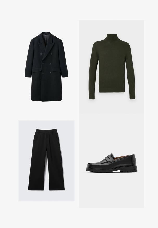 Schwarzer doppelt geknöpfter Mantel aus Wolle mit Reverskragen, seitlichen Taschen und zwei Knöpfen auf jeder Seite. Glatte Textur, knielanges Design.; Grüner Rollkragenpullover aus weichem Stoff mit langen Ärmeln, gerippten Bündchen und Saum, der eine figurbetonte Silhouette und eine glatte Textur aufweist.; Schwarze, weit geschnittene Hose aus weichem Stoff, mit elastischem Bund und zwei seitlichen Taschen. Glatte Textur, neutrales Design ohne Muster.; Schwarze Lederloafer verfügen über eine erhöhte Naht, zwei dekorative Riemen im oberen Bereich und eine dicke, strukturierte Sohle für zusätzlichen Halt.