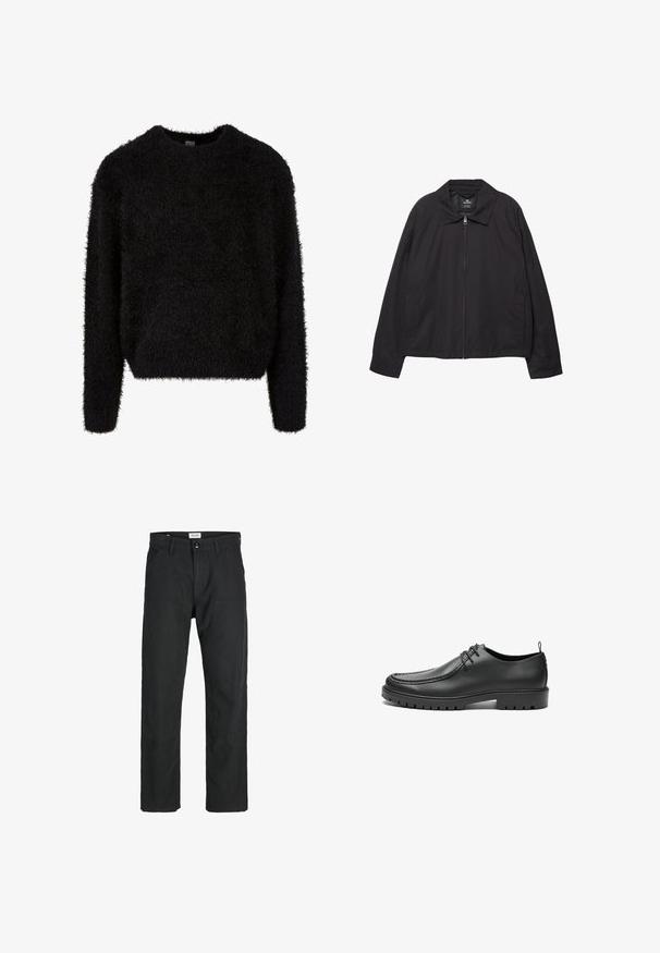 Svart zip-up jacka med spetsig krage, sidofickor och en lätt, slät textur. Enkel design med avslappnad passform.; Svart fluffy tröja, rund hals, långa ärmar, mjuk textur, avslappnad passform, minimal sömnad, inga synliga knäppningar eller mönster.; Svarta byxor i slitstarkt tyg, med rak bendesign, stickade detaljer och två framfickor för funktionalitet.; Svarta läderskor med en slät yta, rundad tå och dekorativ sömnad. Har en gummisula med greppande spår och snörningsdesign.