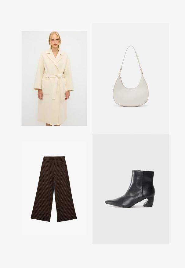 Beige Wollmantel mit taillierter Gürtellinie, Reverskragen, weiten Ärmeln und zwei großen vorderen Taschen. Glatte Textur und knielanges Design.; Cremfarbener Strickpullover mit Rundhalsausschnitt, gerippten Bündchen und Saum. Weiche Textur mit leicht lockerer Passform, ausgestattet mit einem einfachen, klaren Design.; Braune weite Hosen mit weißen Streifen, die einen Bund, Gürtelschlaufen und eine Gesäßtasche aufweisen. Glatte Textur und maßgeschneiderte Passform.; Schwarze Leder-Ankle Boots mit spitzem Zehenbereich, schlanker Silhouette und einem markanten geometrischen Blockabsatz. Glatte Textur mit seitlichem Reißverschluss.; Cremfarbene Leder-Schultertasche mit einer Halbmondform, dünnem Schulterriemen und subtilen Stichdetails. Minimalistisches Design mit goldfarbenen Hardware-Akzenten.