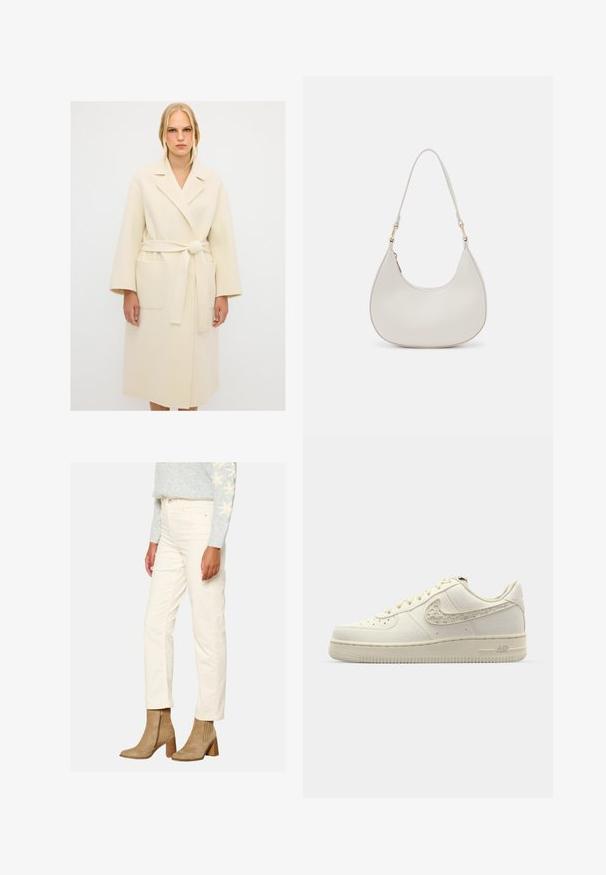 Béžový vlněný kabát s páskem v pase, klopovým límcem, širokými rukávy a dvěma velkými předními kapsami. Hladká textura a délka ke kolenům.; Krémový pletený svetr s kulatým výstřihem, žebrovanými manžetami a lemem. Měkká textura s mírně volným střihem, s jednoduchým a čistým designem.; Krémové kordové kalhoty s úzkým střihem, mají přední kapsy a hladkou strukturu, doplněné hnědými kotníkovými botami.; Nike Air Force 1 tenisky v off-white plátno, s texturovaným swooshem, kulatou špičkou, plochými tkaničkami a vzorovanou gumovou podešví.; Krémová kožená kabelka přes rameno s půlkruhovým tvarem, tenkým popruhem a jemnými švy. Minimalistický design s akcenty ve zlatém tónu.