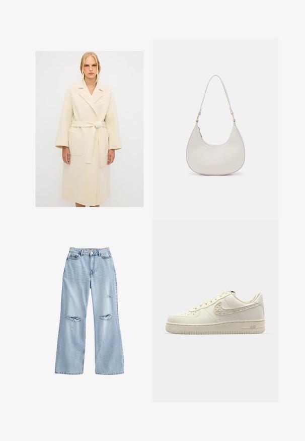 Beige wollen jas met een ceintuur in de taille, ingesneden kraag, brede mouwen en twee grote voorkruiszakken. Gladde textuur en knielange ontwerp.; Crème kleurige gebreide trui met een ronde hals, geribde manchetten en zoom. Zachte textuur met een iets losse pasvorm, met een eenvoudig, strak ontwerp.; Lichtblauwe wijde spijkerbroek van denim, met verwasde scheuren op de bovenbenen, een hoge taille en een standaard vijf-pocket ontwerp.; Nike Air Force 1 sneakers in off-white canvas, met een getextureerde swoosh, ronde neus, platte veters en een gestreepte rubberen zool.; Crème leren schoudertas met een halve maan vorm, dunne schouderband en subtiele stiksels. Minimalistisch ontwerp met gouden hardware accenten.