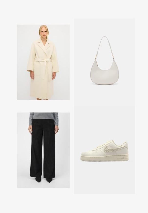 Cappotto di lana beige con vita alta, collo a rever, maniche ampie e due grandi tasche frontali. Tessuto morbido e design fino al ginocchio.; Maglione di colore crema in maglia, con collo rotondo, polsini e orlo a coste. Texture morbida con una vestibilità leggermente ampia, caratterizzato da un design semplice e pulito.; Object OBJLISA WIDE - Pantaloni - black; Scarpe Nike Air Force 1 in tela off-white, con un logo swoosh testurizzato, punta rotonda, lacci piatti e una suola in gomma con motivo.; Borsa a spalla in pelle crema con forma a mezzaluna, strap sottile e dettagli di cucitura delicati. Design minimalista con accenti in metallo dorato.