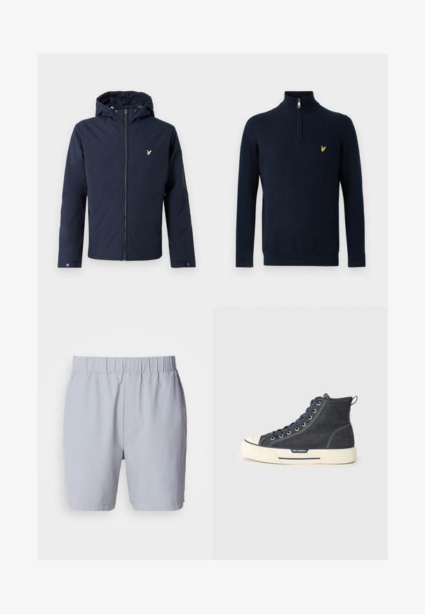 Laivastonsininen huppari, jossa on etukeskellä vetoketju ja pieni lintulogo rinnassa. Takissa on säädettävät hihansuut ja hupussa kiristysnyörit.; Laivastonsininen puolivetoketjupulloveri, valmistettu sileästä kankaasta; siinä on pieni keltainen kirjailtu logo rinnassa.; Vaaleanharmaat uimapuvut, joissa on elastinen vyötärö, kaksi sivutaskua ja sileä, kevyt kangas. Ei näkyviä kuvioita tai koristeita.; Korkeat tennarit, jotka on valmistettu tummasta farkkukangasta, jossa on kerma-valkoinen kumipohja. Nauhat ovat laivastonsiniset ja takana on vetotuki. Sivulla on logo.