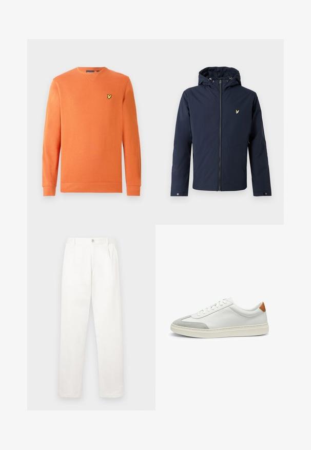 Giacca con cappuccio blu navy con cerniera frontale e piccolo logo uccello sul petto, con polsini regolabili e coulisse sul cappuccio.; Felpa arancione con maniche lunghe e polsini a coste, decorata con un piccolo logo giallo sul petto. Realizzata in tessuto morbido e dalla texture pronunciata.; Pantaloni bianchi realizzati in tessuto liscio, con un design a gamba dritta, pieghe frontali e una chiusura a bottone singolo in vita.; Sneakers bianchi in pelle con accenti in suede grigio e un tallone in pelle beige. Presentano una superficie testurizzata e una suola leggera.
