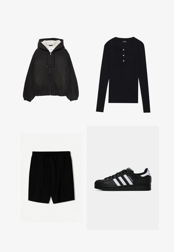 Haut à capuche zippé noir avec des poignets et un ourlet élastiques, deux poches avant, capuche avec cordon de serrage réglable, et doublure en polaire blanche à l'intérieur de la capuche.; Haut noir à manches longues en tissu doux, avec un col rond, une patte de boutonnage à trois boutons et des manches ajustées.; Shorts noirs en tissu léger avec une taille élastique équipée d'un cordon de serrage, des plis à l'avant et une longueur au-dessus du genou.; Baskets Adidas Superstar noires avec rayures blanches, bout en coque, et texte "Superstar" sur le côté, montrées en profil sur fond blanc.