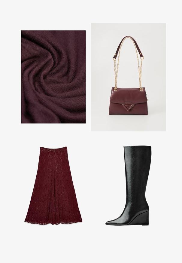 Rosa Satin-Bomberjacke mit geripptem Kragen, Druckknopfverschluss und Seitentaschen; mit elastischen Bündchen und Saum.; Burgunderfarbenes Strickgewebe mit glatter Textur, das komplizierte Webmuster und fallende Falten zeigt. Weiches und leichtes Material.; Lange burgunderfarbene Spitzenrock mit A-Linie und halbtransparentem Blumenmuster.; Knöchelhohe schwarze Lederstiefel mit schlanker, spitzer Zehenform und Wedge-Absatz. Die Oberfläche ist glatt mit einem glänzenden Finish.; Burgunderfarbene Lederhandtasche mit einem umschlagbaren Klappdeckel, ausgestattet mit einem goldenen Kettenriemen und einem dreieckigen Metallelement auf der Vorderseite. Glatte Textur.