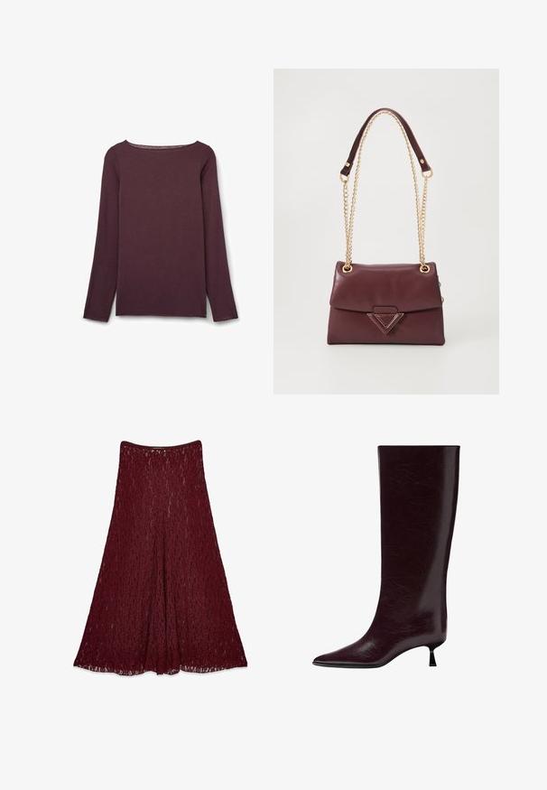 Pink satin bomber jacket with a ribbed collar, snap-button closure, and side pockets; features elasticized cuffs and hem.; Long-sleeve, scoop-neck top in deep burgundy, made from a soft fabric with a smooth texture and minimal stitching details.; Long burgundy lace skirt with an A-line silhouette and semi-transparent floral pattern.; Knee-high burgundy leather boot with a sleek, textured finish, pointed toe, and a thin, stacked heel for added elevation.; Burgundy leather handbag with a fold-over flap, featuring a gold chain strap and a triangular metal accent on the front. Smooth texture.