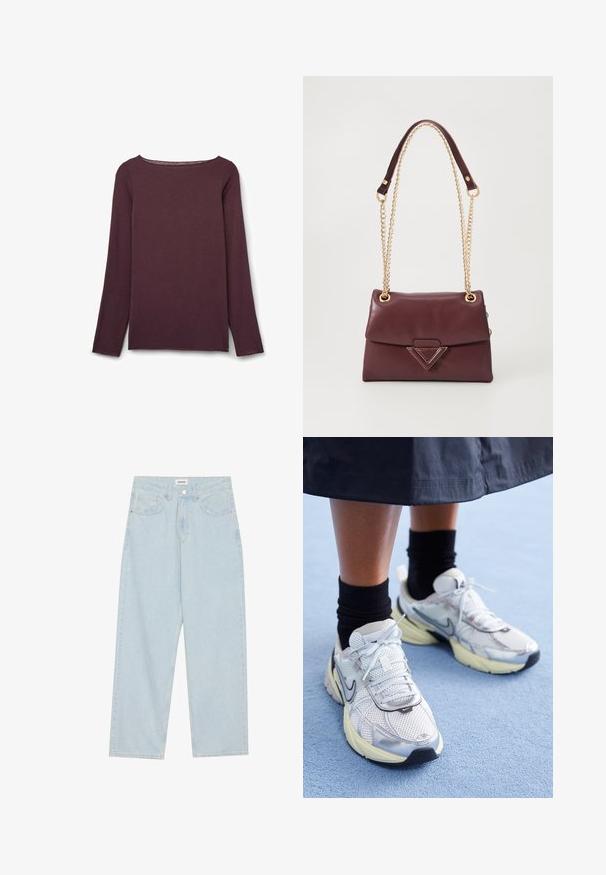 Chaqueta bomber de satén rosa con cuello acanalado, cierre de botón a presión y bolsillos laterales; cuenta con puños y dobladillo elásticos.; Top de manga larga y escote redondeado en burdeos profundo, confeccionado en un tejido suave con una textura lisa y detalles de costura mínimos.; Jeans de mezclilla de pierna ancha en azul claro, con una cintura de altura media, cinco bolsillos y un cierre de botón con un acabado metálico delgado.; Zapatillas Nike blancas y plateadas con tejido de malla, detalles reflectantes y una suela beige. Llevadas con calcetines negros, de pie sobre una superficie azul.; Bolso de piel burdeos con solapa, que cuenta con una cadena dorada y un acento metálico triangular en la parte frontal. Textura suave.