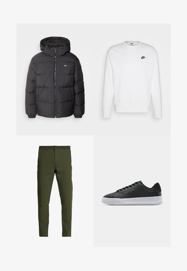 Sort pufferjakke med hætte, der har quiltede sektioner, lynlås foran og et emblem på brystet. Glat, letvægtsmateriale.; Hvid sweatshirt lavet af bomuld med lange ærmer, rund halsudskæring og sort Nike-logo på venstre bryst. Blød tekstur med ribbede manchetter.; Olivengrønne bukser med slim fit, lavet af et glat og slidstærkt stof. Har en lynlås, knaplukning og standardlommer.; Sorte syntetiske lædersneakers med en hvid gummisål, der har runde snørebånd, buet design og en lille logo detailleret på siden.