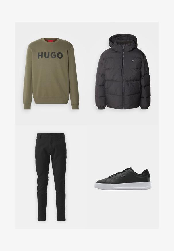 Giacca a vento nera con cappuccio, con sezioni trapuntate, zip frontale e un emblema sul petto. Materiale liscio e leggero.; HUGO DEM - Felpa - dark beige; Pantaloni in cotone neri con una vestibilità slim, dotati di chiusura con bottone, passanti per cintura e tasche laterali. Texture liscia, senza motivi visibili.; Sneaker in pelle sintetica nera con suola in gomma bianca, dotato di lacci tondi, design curvo e un piccolo dettaglio del logo sul lato.