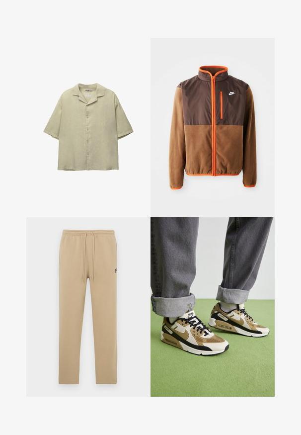 Kurtka Nike z brązowym fleece'owym ciałem i ciemnobrązową górną częścią, pomarańczowymi akcentami, wysokim kołnierzem oraz kieszenią na zamek na piersi.; Jasnozielona koszula z krótkim rękawem wykonana z lnu, z kołnierzykiem z wcięciem, zapięciem na guziki i luźnym krojem. Gładki, teksturowany materiał.; Beżowe spodnie dresowe wykonane z miękkiego materiału, z elastycznym pasem ze sznurkiem i bocznymi kieszeniami. Na lewej nogawce znajduje się małe czarne logo.; Sneakers Nike Air Max 90 w kolorze beżowym i czarnym, wykonane z siateczki i skóry, z widoczną amortyzacją i czarnymi sznurówkami.