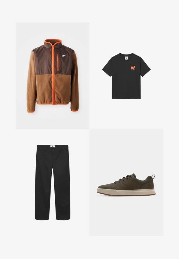 Nike jakna z rjavim flis telesom in temno rjavim zgornjim delom, oranžnimi poudarki, visokim ovratnikom in zadrgo na prsih.; Črna bombažna majica s kratkimi rokavi, okroglo ovratnikom in oranžnim logotipom "W" na levem prsnem delu. Mehek in gladek na otip.; Črne chinos hlače, izdelane iz gladkega bombažnega blaga. Imajo zaponko na gumb, sprednje žepe in ravno obliko nogavic s čistimi robovi.; Temnozeleni superge z gladkim zgornjim delom, svetlo bež srednjim podplatom in gumijastim zunanjim podplatom. Imajo zaobljen nos in minimalno blagovno znamko na peti.