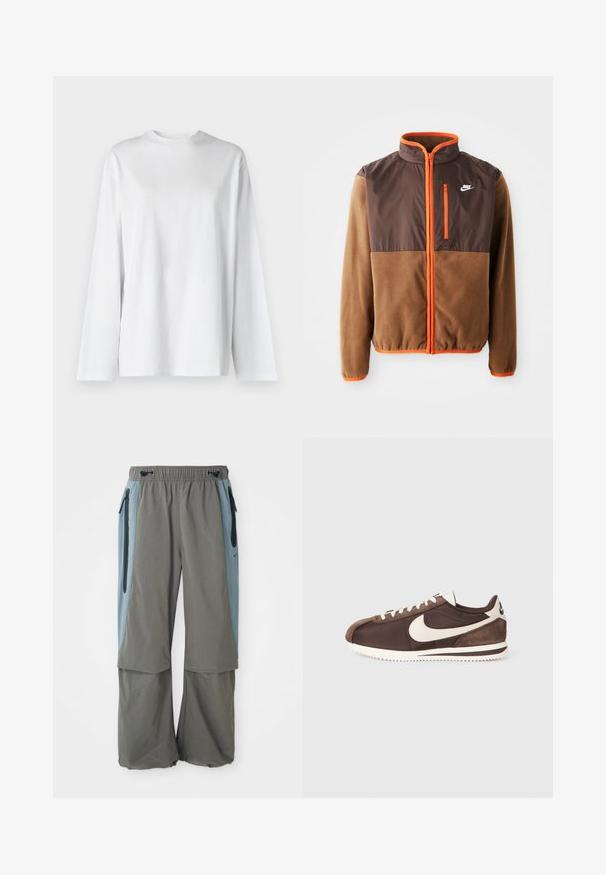 Nike jack met een bruine fleece body en een donkergroen bovenstuk, oranje accenten, een hoge kraag en een ritszak op de borst.; Weekday OVERSIZED LONG SLEEVE - Longsleeve - white; Grijze outdoorbroeken met een wijde pijpdesign, voorzien van donkerblauwe zijpanelen en met ritszakken. Gemaakt van lichtgewicht, ademend materiaal.; Bruine sneaker met een mix van suede en canvas materialen, voorzien van een witte Nike swoosh logo en een getextureerde rubberen buitenzool.