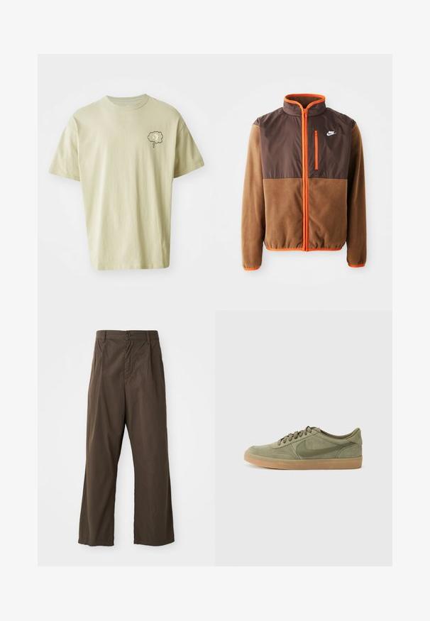 Nike striukė su rudais fliso audinio kūnu ir tamsiai rudais viršutiniais elementais, oranžiniais akcentais, aukšta apykakle ir užtrauktuku užsegama krūtine.; Šviesiai bežinė medvilninė marškinė su trumpomis rankovėmis, su mažo pilko debesies grafika kairėje krūtinės pusėje. Paprastas, kvadratinės formos dizainas.; Rudi, plačios kojos kelnės, pagamintos iš medvilnės, su priekiniais mygtukais, diržo kilpomis ir lygiu, matinio paviršiaus tekstūra.; Žalios suede sportbačiai su guminiu padu, apvaliu pirštu ir raištelių dizainu. Savyje turi Nike firminį logotipą tamsesnės žalios spalvos.