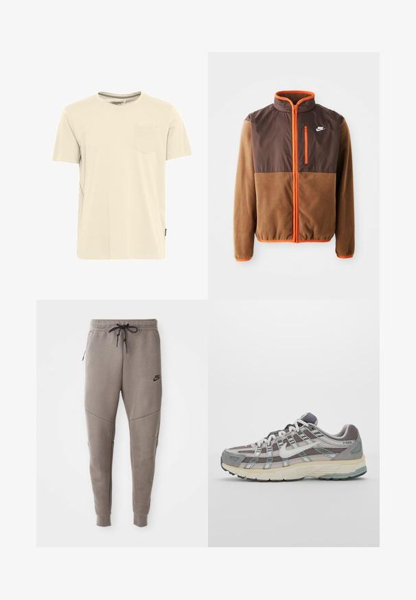 Nike-Jacke mit einem braunen Fleece-Körper und einem dunkelbraunen oberen Abschnitt, orangefarbigen Akzenten, hohem Kragen und einer mit Reißverschluss versehenen Brusttasche.; Helles beiges T-Shirt mit kurzen Ärmeln aus Baumwolle, mit Rundhalsausschnitt und einer kleinen Tasche auf der linken Brust. Strukturiertes Kragen-Detail.; Graue Nike-Sweatpants mit einem Kordelzugbund, schmal zulaufenden Beinen, seitlichen Taschen und auffälliger Nahtgestaltung. Weicher, strukturiert Stoff.; Grauer Sportschuh mit einem Obermaterial aus Mesh und Wildleder, weißen Akzenten, einer gepolsterten Sohle und einem charakteristischen Design mit reflektierenden Elementen.