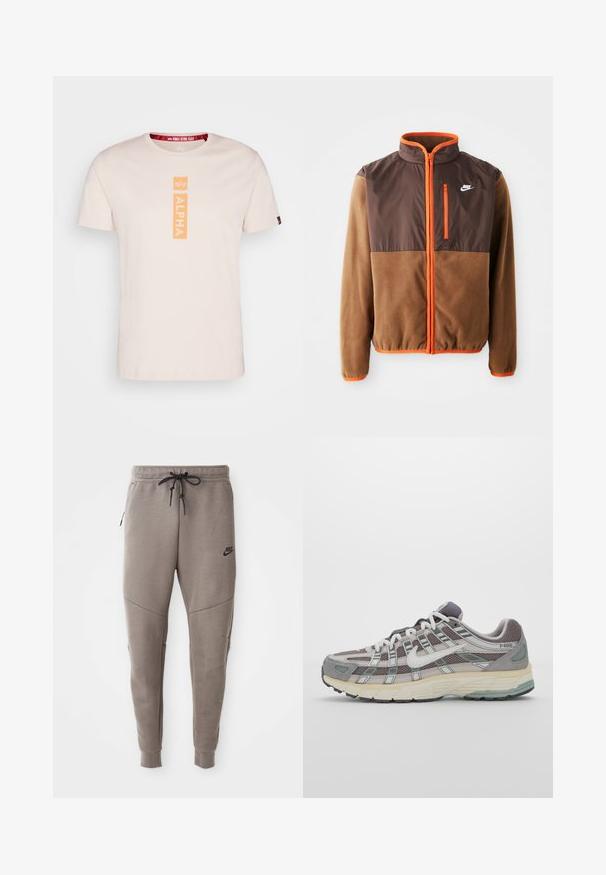 Nike jacket featuring a brown fleece body and dark brown upper section, orange accents, a high collar, and a zippered chest pocket.; Light pink short-sleeve t-shirt made of cotton with a vertical orange "ALPHA" logo at the center and a red branded neck label.; Gray Nike sweatpants with a drawstring waistband, tapered legs, side pockets, and distinct seam detailing. Soft, textured fabric.; Gray athletic shoe featuring a mesh and suede upper, white accents, a cushioned sole, and a distinctive design with reflective elements.
