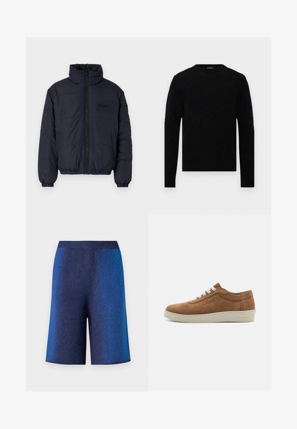 Must hõlmik, millel on kõrge krae, ees lukuga, elastsed varrukad ja riba äär. Omab tekstuurset viimistlust, millel on horisontaalsed õmblused.; Filippa K SWEATER - Džemper - black; Tumesinised lühikesed püksid tekstuurse viimistlusega, sirge lõiguga ja ilma õmblusteta vöökoht, mis on loodud mugavuseks ja juhuslikuks välimuseks.; Pruun nahkainen toss, millel on valged paelad, ümar varvas ja tekstureeritud kummitald. Omab õmmeldud aktsenti tallaserva mööda.