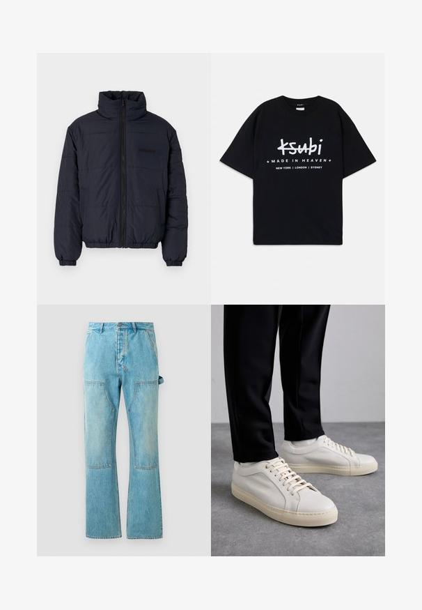Schwarze gepolsterte Jacke mit hohem Kragen, Frontreißverschluss, elastischen Bündchen und gesäumtem Saum. Sie verfügt über eine strukturierte Oberfläche mit horizontalen Nähten.; Schwarzes Baumwoll-T-Shirt mit lockerer Passform. Mit weißem Grafiktext "ksubi" und "MADE IN HEAVEN" sowie Städtenamen darunter. Klassischer Rundhalsausschnitt.; Hellblaue Jeans mit weit auslaufendem Bein, die mit kontrastierenden Patchwork-Einsätzen, vorderen Taschen und einem Knopfverschluss an der Taille versehen sind.; Helle beigefarbene Leder-Sneaker mit flachen Schnürsenkeln, einer strukturierten Oberfläche und einer kontrastierenden, cremefarbenen Gummisohle, kombiniert mit schwarzen eng geschnittenen Hosen.