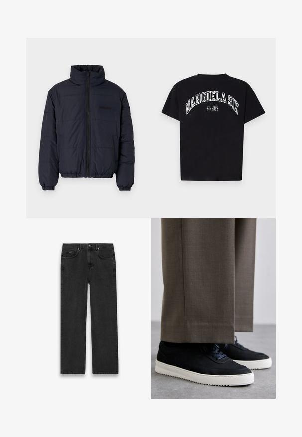 Črna podložena jakna z visokim ovratnikom, sprednjim zadrgo, elastičnimi manšeti in obrobo na dnu. Ima teksturiran zaključek s horizontalnimi šivi.; Črna bombažna majica s kroženim izrezom, na kateri je v beli barvi ukrivljen napis "MARGIELA SIX" in bela grafika koledarja na hrbtni strani.; Črne denim kavbojke ravnega kroja, z petimi žepi, z gumbasto zapenjanjem in lahkim bledenjem. Teksturna tkanina z minimalnimi šivi.; Črne nubuk teniske z belimi gumijastimi podplati, ki imajo zaobljen nos in vezalke, oblečene z sivimi krojenimi hlačami.