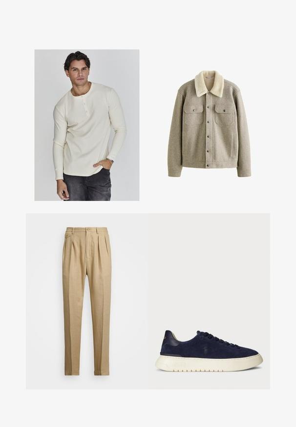 Tan värvi villane jakk, millel on beež faux sheeringi krae, kahe rinna- ja küljetaskuga, suletud metalliste nupudega.; Pikend varrukatega kreemjas ribaga henley särk, millel on ümar kaelus, kolme nupuga pärist ja istuvad mansetid, koos tumedate teksadega.; Bežid linasest püksid sirge lõikega, kahel esisel peenral, nööbiga kinnitamisel ja küljetaskutega. Tekstuuritud kangas sileda viimistlusega.; Tumesinine sametist madalate sneakeritega jalats, millel on tekstuuritud pind, kummist tallad ja toonilised nöörid, ning kellel on külje- ja kantavad logosid.