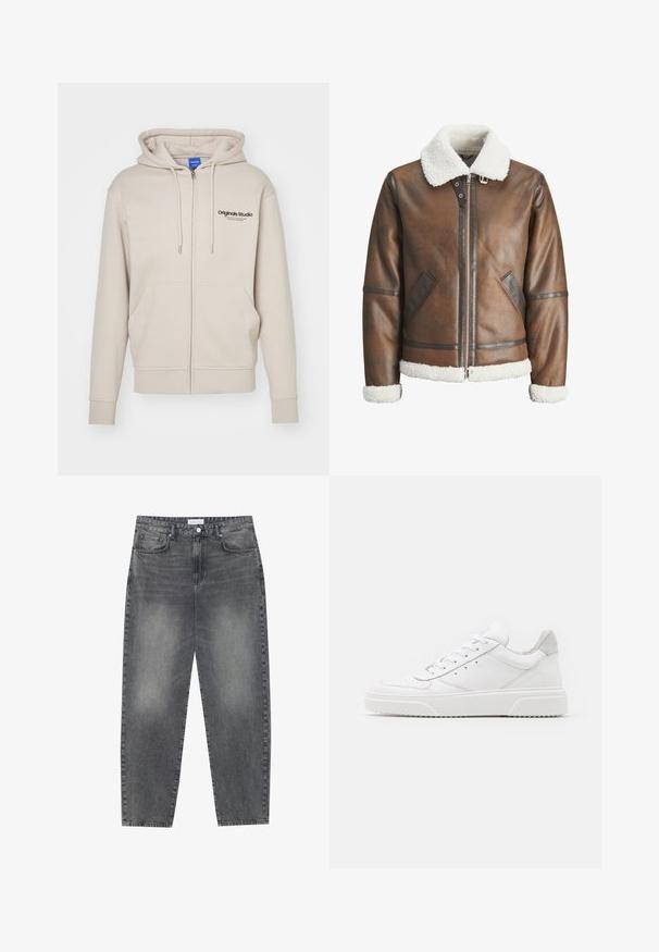 Pruun nahk bomber-jakk valge kitsesoomuse krae ja mansettidega, millel on tõmblukk ja küljetaskud. Tootel on nahast äärised.; Bež kapuutsiga jooksupusa, millel on söejooned, kaks eesmist taskut, ribapitsid ja "Originals Studio" logo vasakul ülal. Sile tekstuur.; Valge puuvillane T-särk, millel on lühikesed varrukad, ümmargune kaelus ja esiküljel punane graafiline tekst "MAITSVA KONDISIOONIGA PUUVILI".; Kõrgema vöökohtadega, lõdva lõikega teksad, mis on valmistatud tuhmist mustast denimist. Selles on viis taskut, traksid ja puhas, sirge säärelõige.; Valged nahast spordijalatsid siledast nahast viimistlusega, ümarate varvastega, lamekestega ja tekstuuriga tallaga. Hall suede aktsent kanna juures.